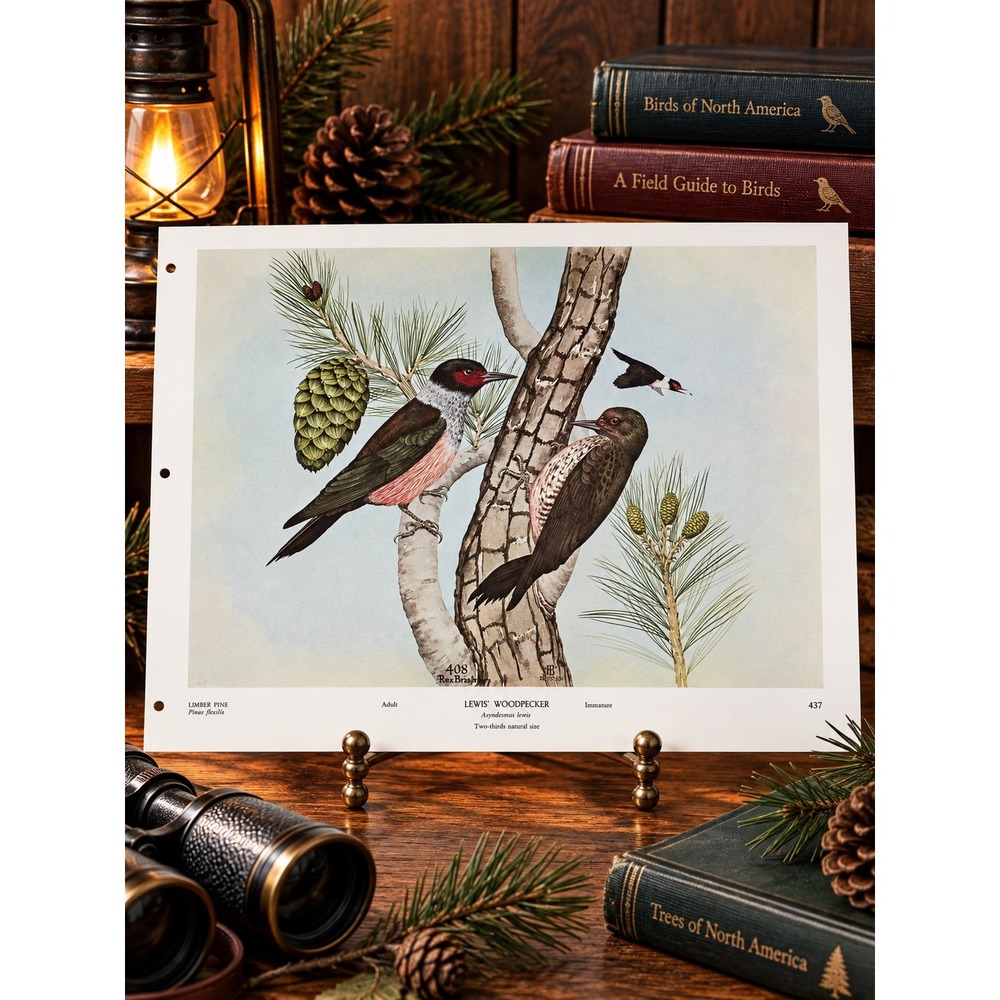1968 Rex Brasher Lewis Woodpecker Bird Vtg Original Book Plate Wall Art Decor